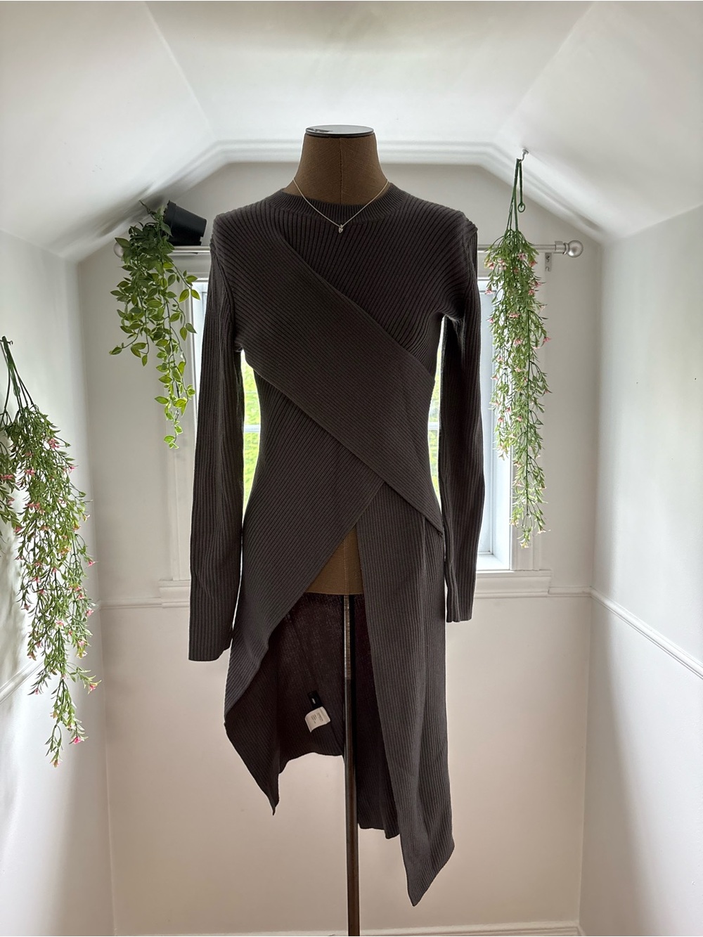 Asymmetric Ribbed Long Sleeve Dress in Dark Gray